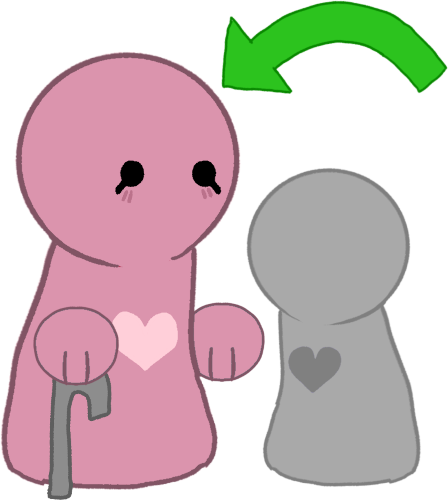 a muted pink simplified character with a light pink heart in the center, it's holding a cane. there's a grey figure next to it, there is a green arrow pointing to the figure.